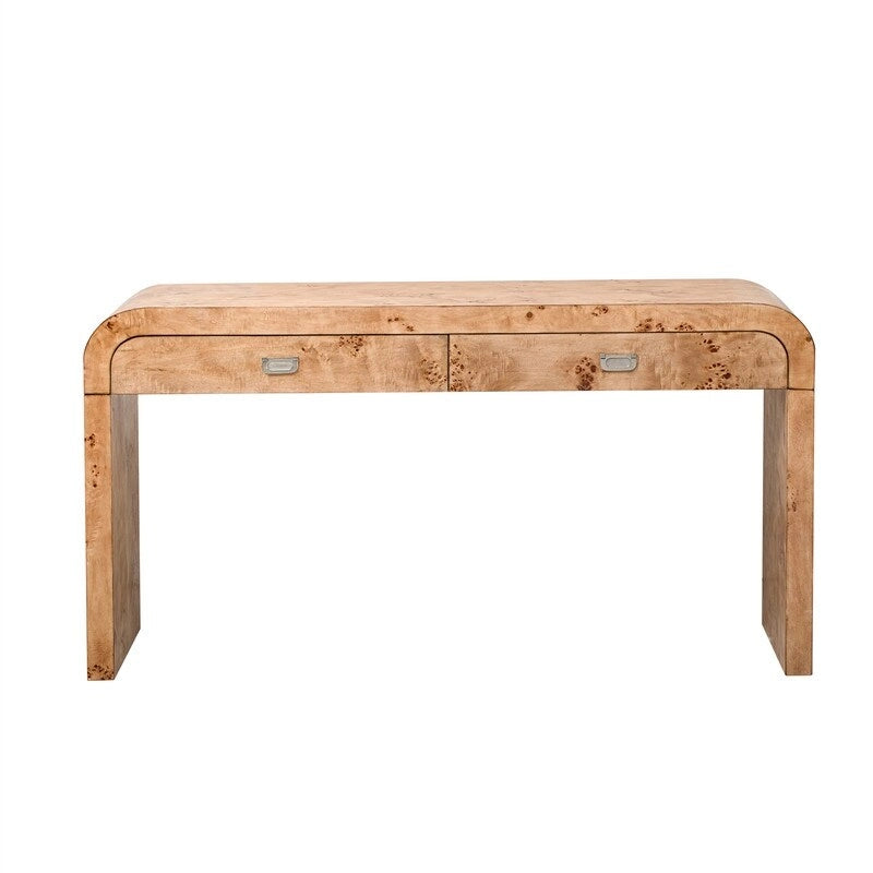 Natural Burl Wood Veneer Console Table with Two Storage Drawers