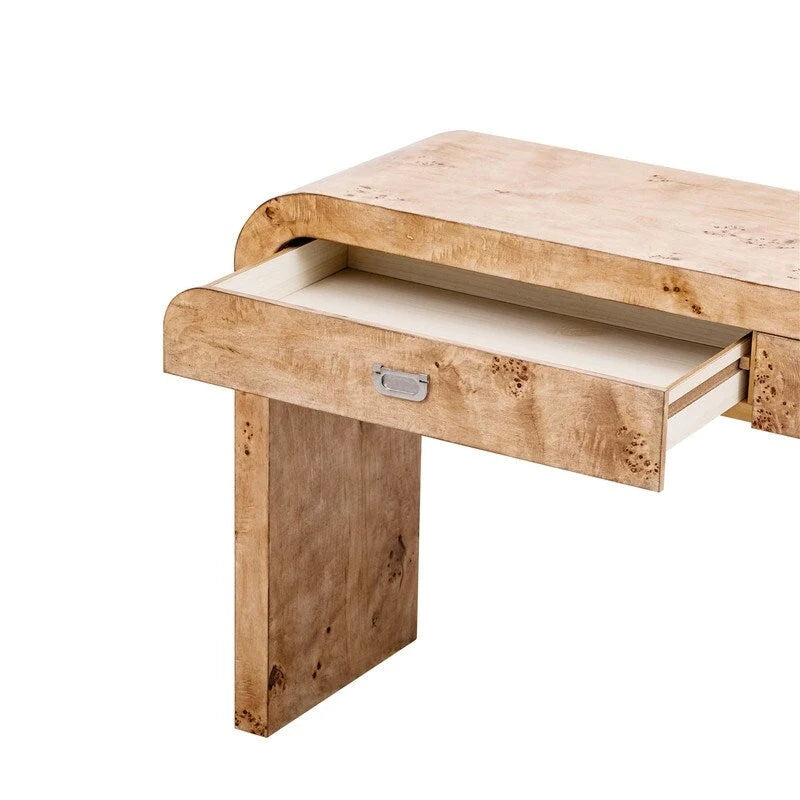 Natural Burl Wood Veneer Console Table with Two Storage Drawers