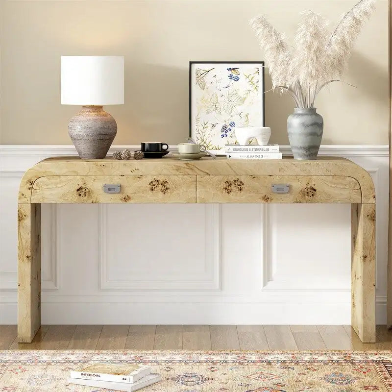 Natural Burl Wood Veneer Console Table with Two Storage Drawers