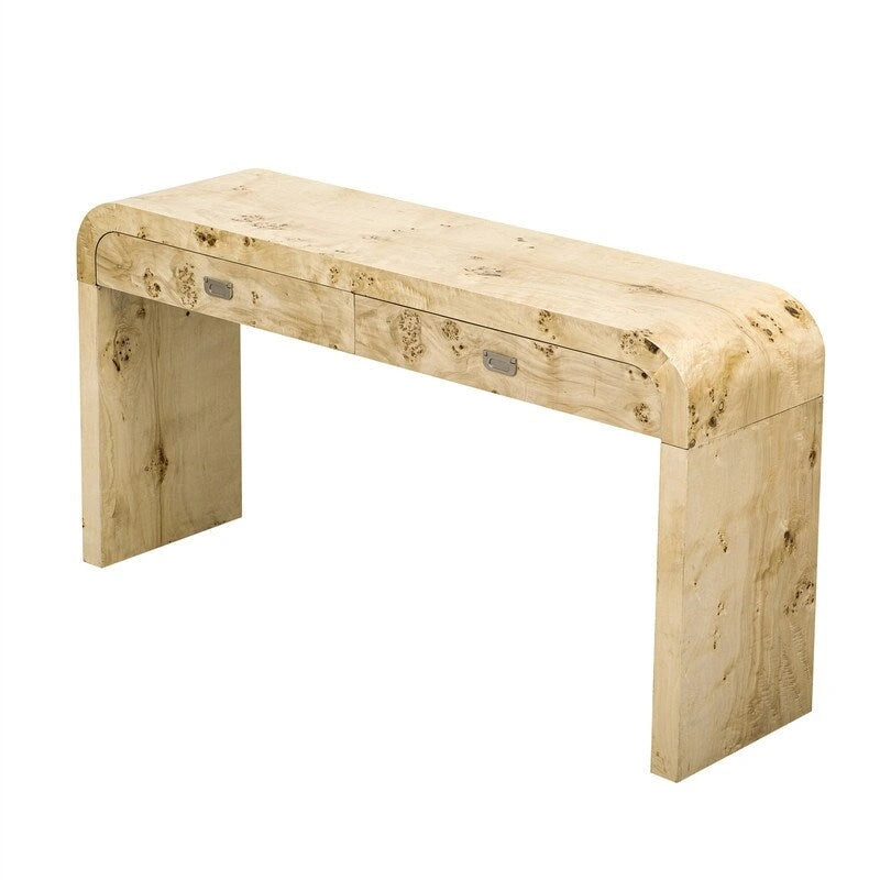 Natural Burl Wood Veneer Console Table with Two Storage Drawers