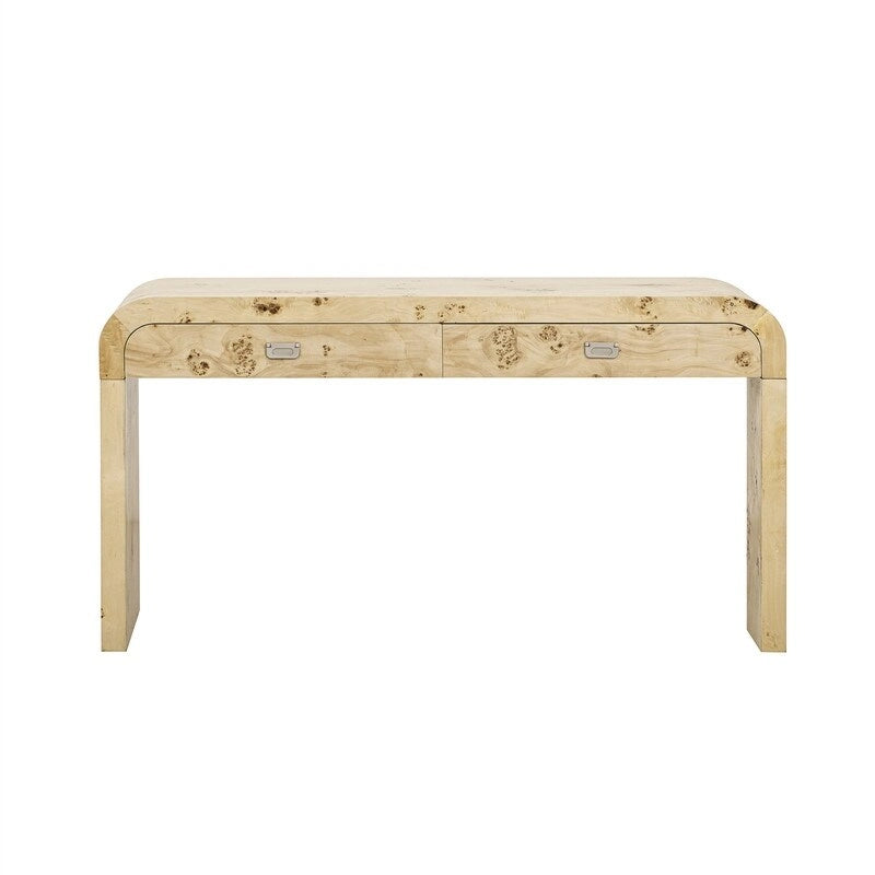 Natural Burl Wood Veneer Console Table with Two Storage Drawers