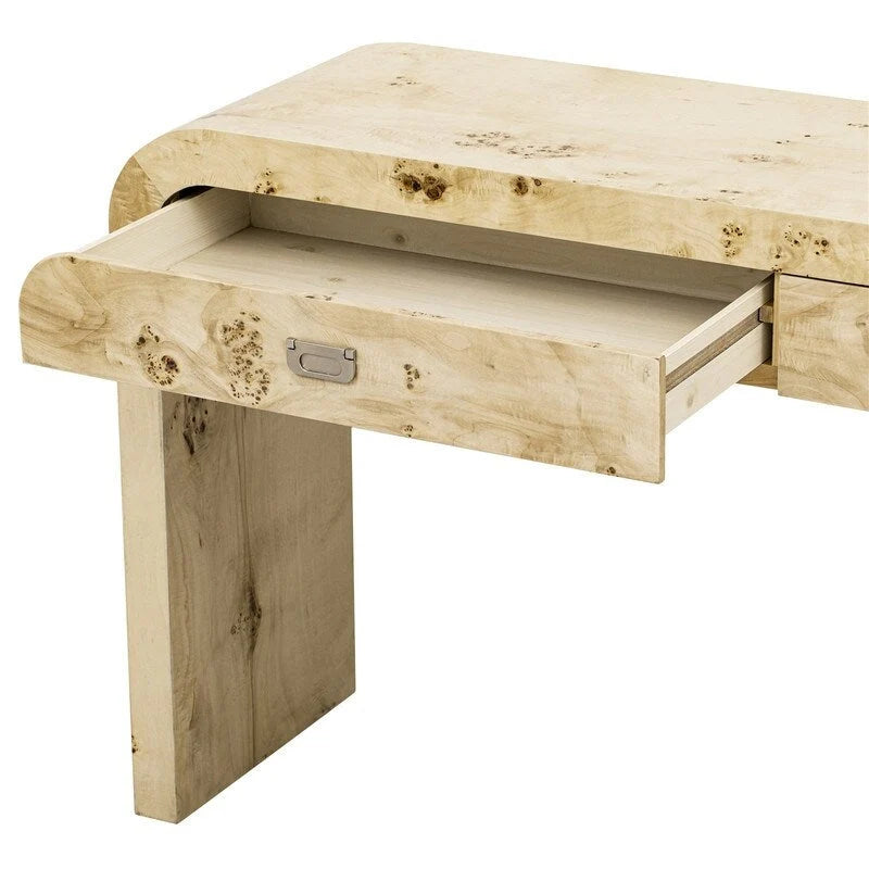 Natural Burl Wood Veneer Console Table with Two Storage Drawers