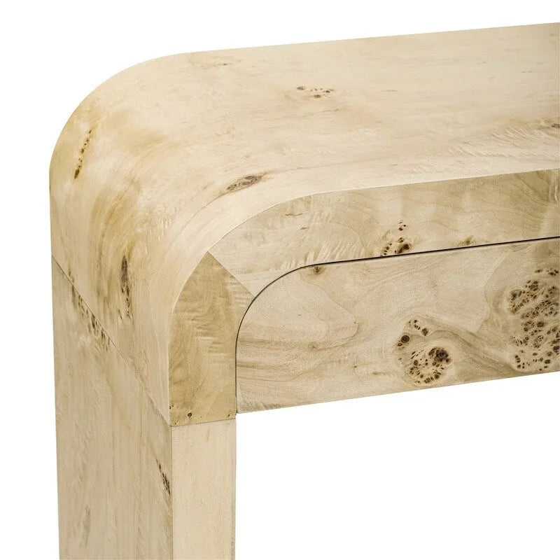 Natural Burl Wood Veneer Console Table with Two Storage Drawers