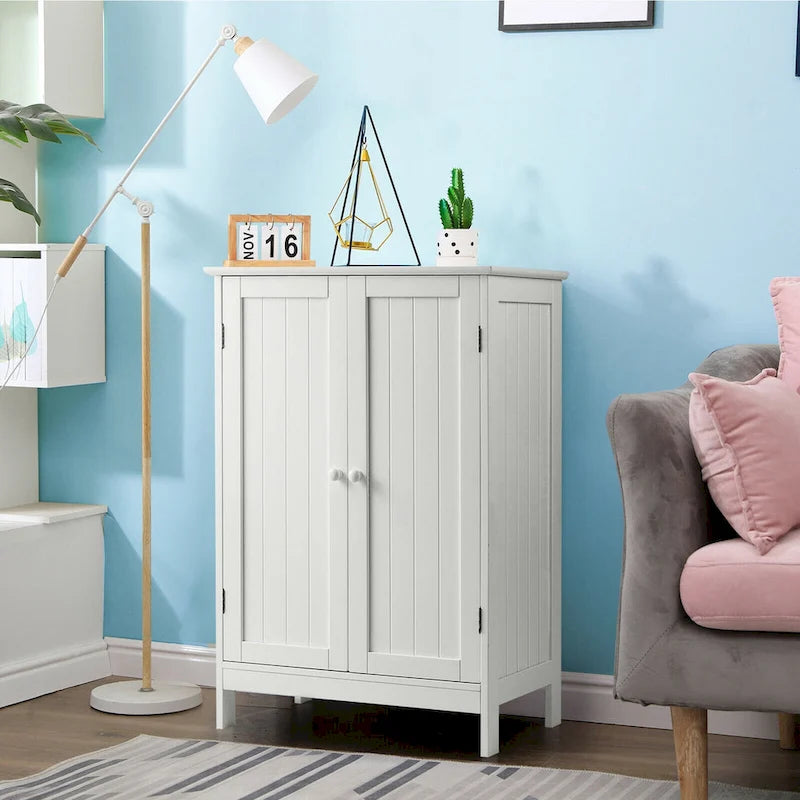 Gabinete de suelo blanco para baño con dos puertas y estante ajustable
