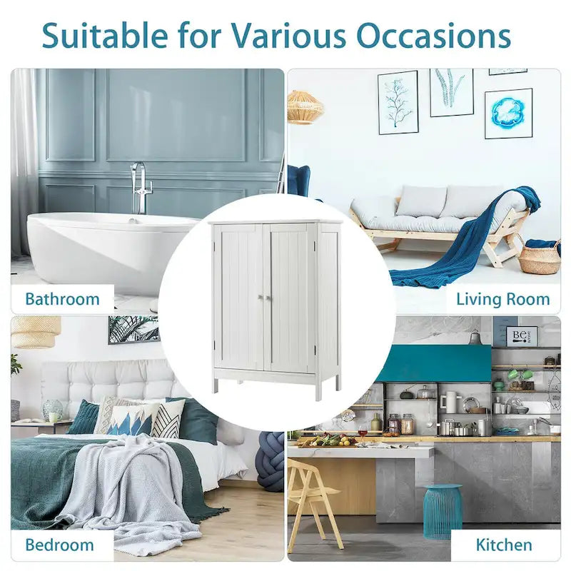Gabinete de suelo blanco para baño con dos puertas y estante ajustable