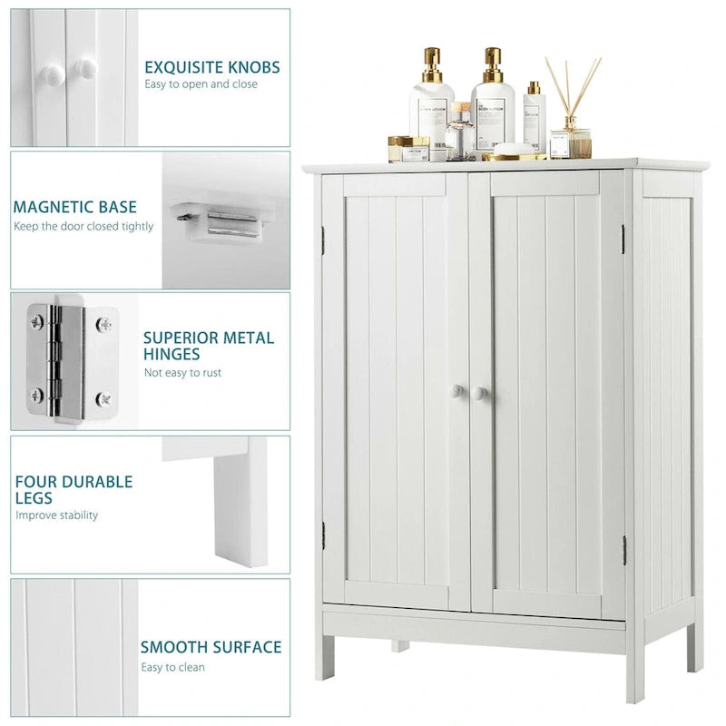 Gabinete de suelo blanco para baño con dos puertas y estante ajustable