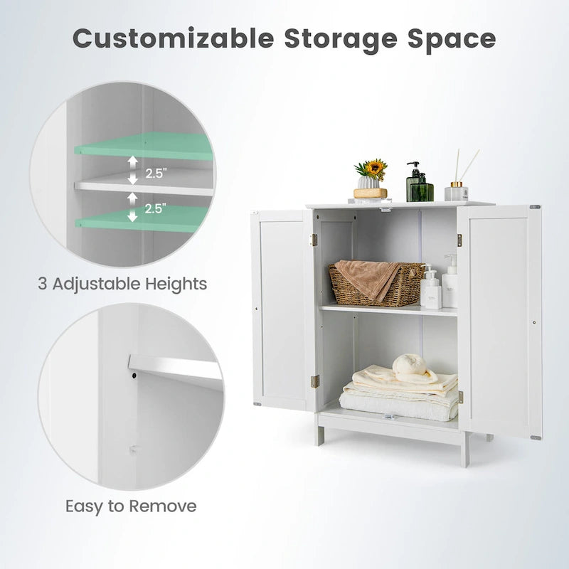 Gabinete de suelo blanco para baño con dos puertas y estante ajustable