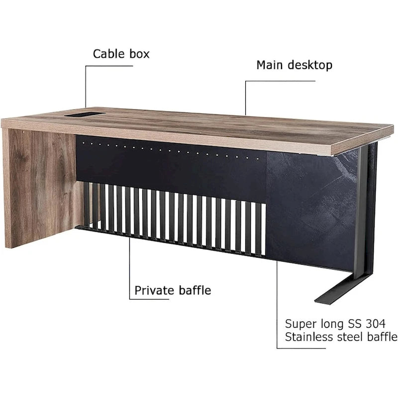 Moderner Schreibtisch aus Holzdekor mit Sichtschutz aus Metall und Kabelmanagement