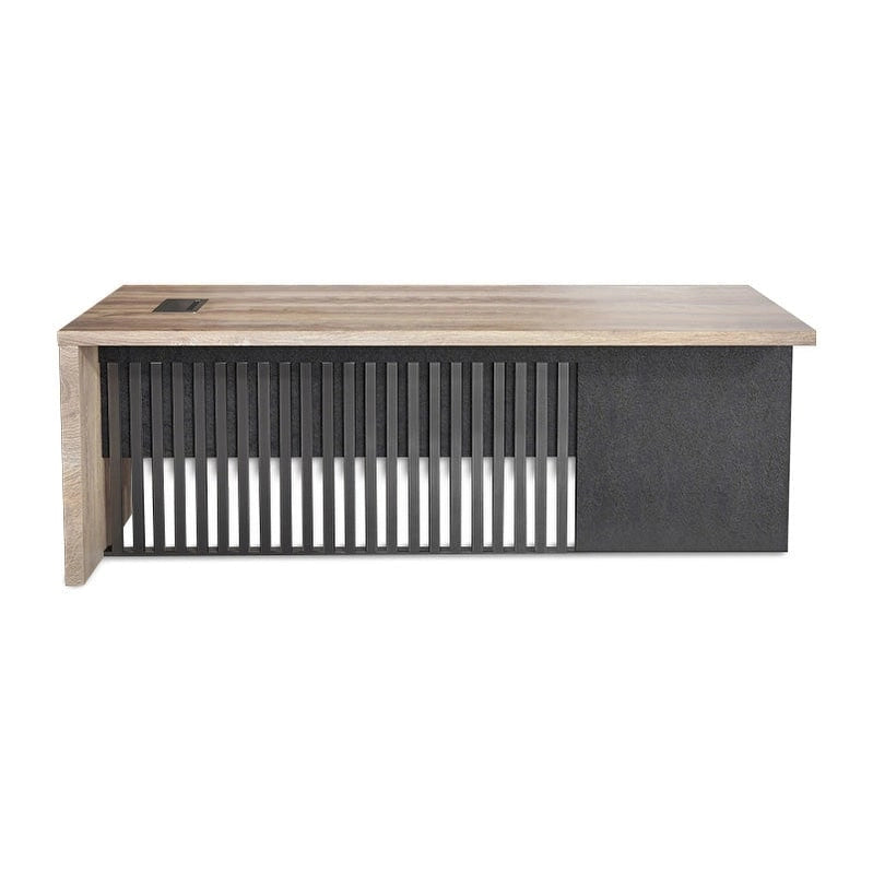 Moderner Schreibtisch aus Holzdekor mit Sichtschutz aus Metall und Kabelmanagement