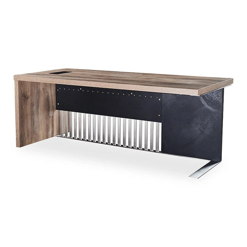 Moderner Schreibtisch aus Holzdekor mit Sichtschutz aus Metall und Kabelmanagement