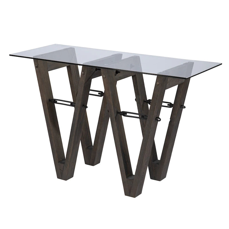 Mesa consola de vidrio transparente con base de pino recuperado gris marrón