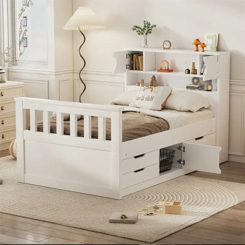 Cama de plataforma de madera con cuatro cajones y cabecero con almacenamiento tipo librería