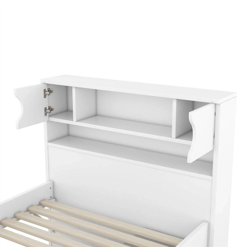 Holzbett mit vier Schubladen und Kopfteil mit Bücherregal und Stauraum