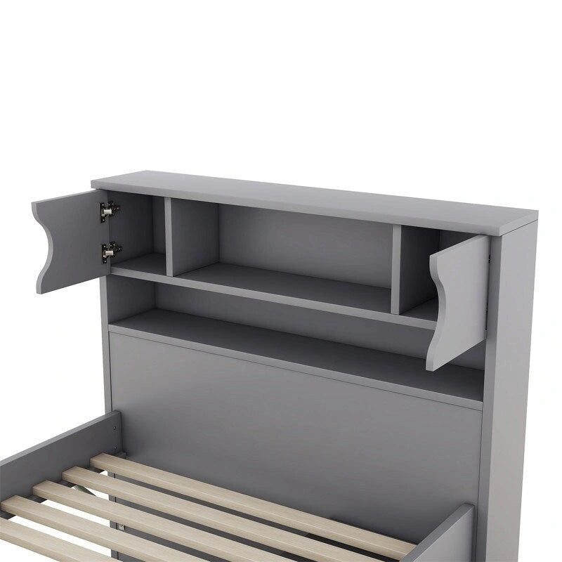 Holzbett mit vier Schubladen und Kopfteil mit Bücherregal und Stauraum