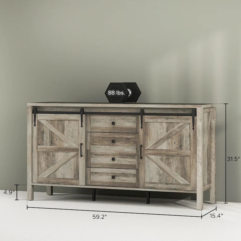 Landelijk dressoir met schuivende schuurdeuren en vier laden