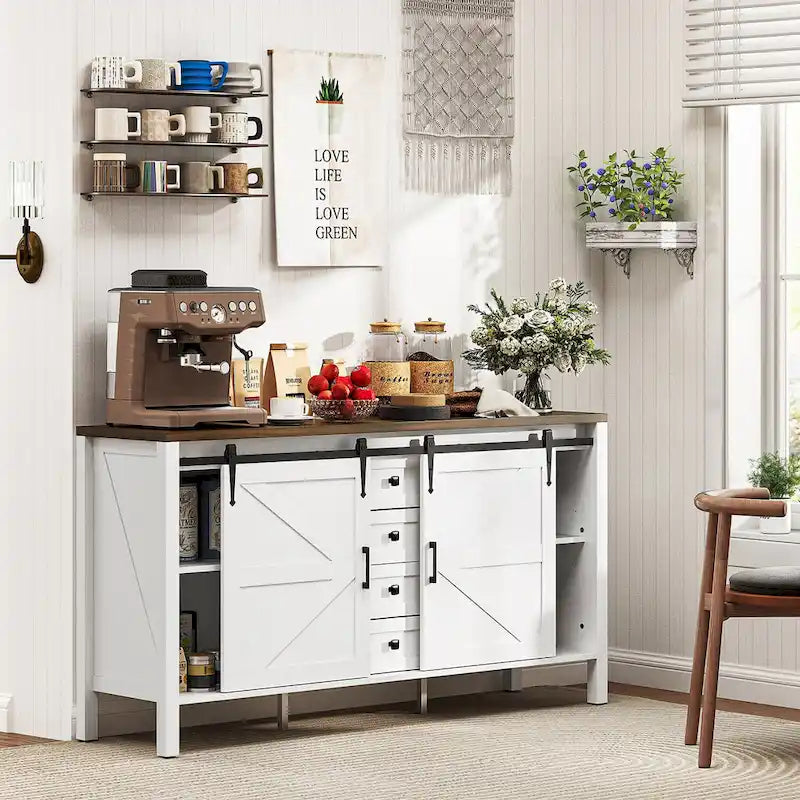Landelijk dressoir met schuivende schuurdeuren en vier laden