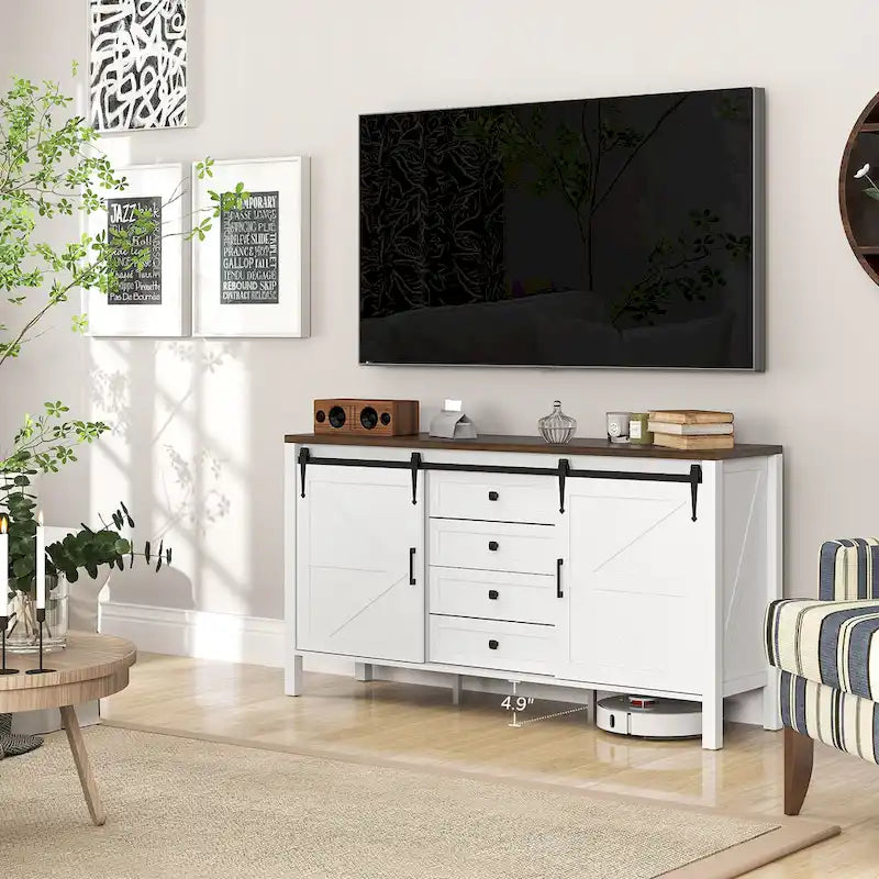 Landelijk dressoir met schuivende schuurdeuren en vier laden