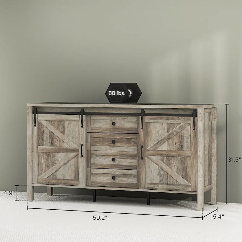Landelijk dressoir met schuivende schuurdeuren en vier laden