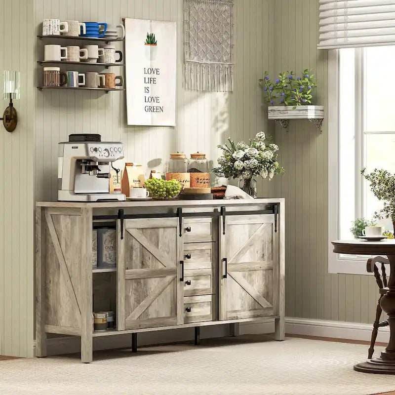 Landelijk dressoir met schuivende schuurdeuren en vier laden