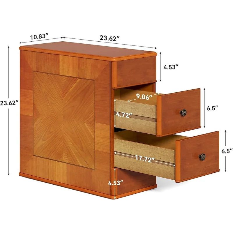 Schmaler Beistelltisch im Vintage-Stil in Braun mit zwei Schubladen und Knöpfen