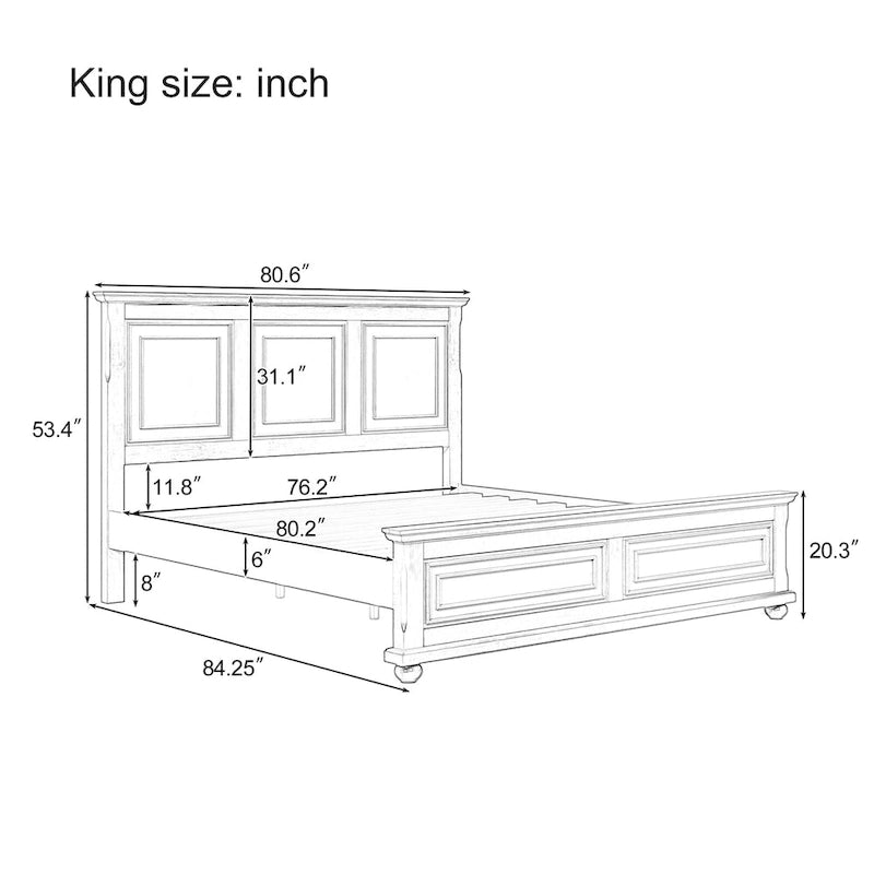 Traditionelles Bett aus braunem Kiefernholz mit Kopfteil mit Paneelen und Holzlatten