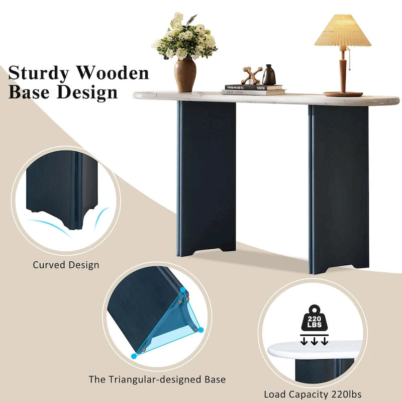 Mesa consola moderna de mármol sintético con parte superior redondeada y base de madera