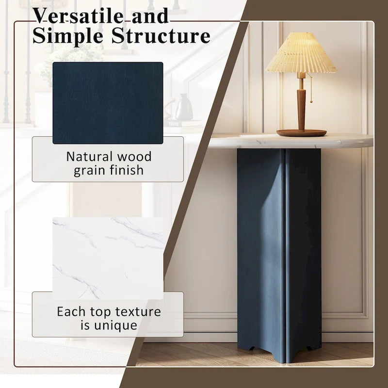 Mesa consola moderna de mármol sintético con parte superior redondeada y base de madera