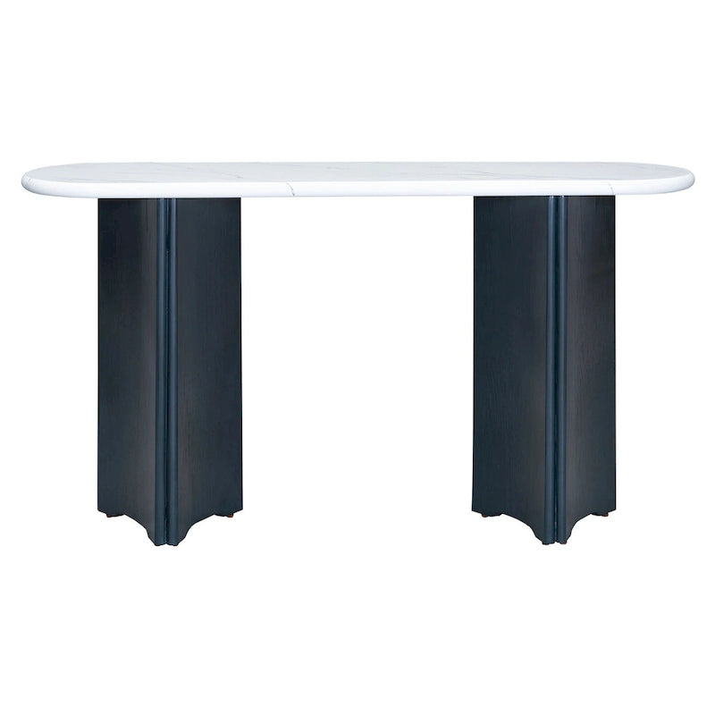 Mesa consola moderna de mármol sintético con parte superior redondeada y base de madera