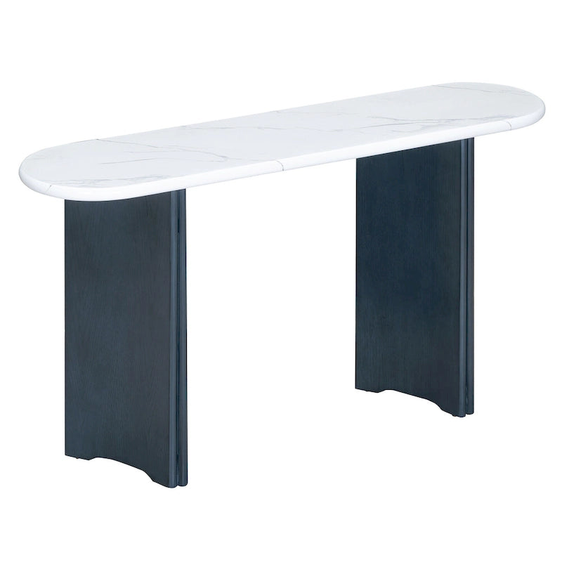 Mesa consola moderna de mármol sintético con parte superior redondeada y base de madera