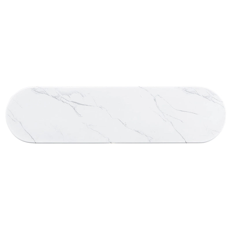 Mesa consola moderna de mármol sintético con parte superior redondeada y base de madera