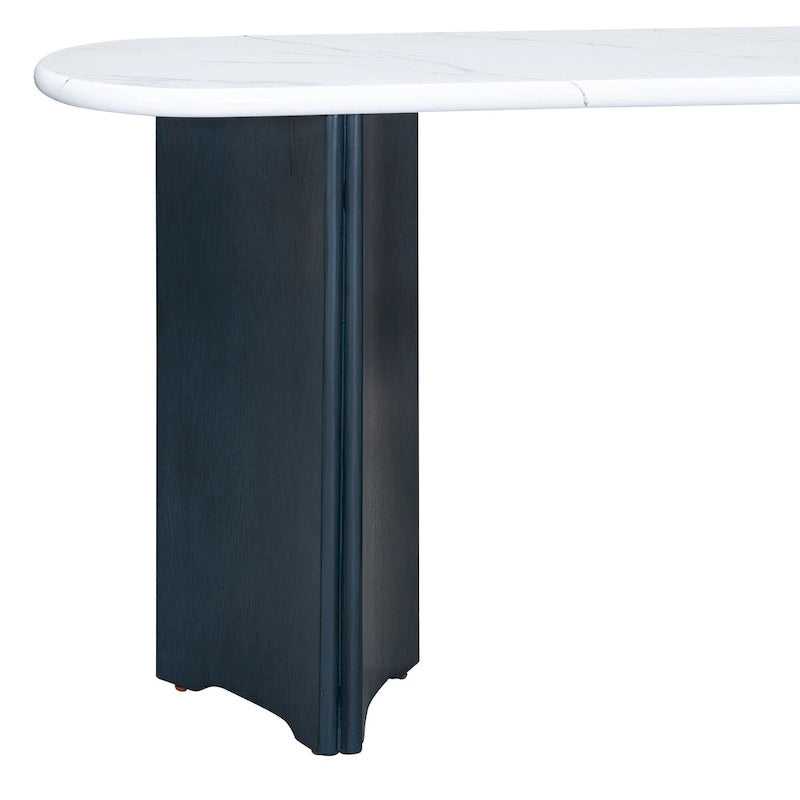 Mesa consola moderna de mármol sintético con parte superior redondeada y base de madera