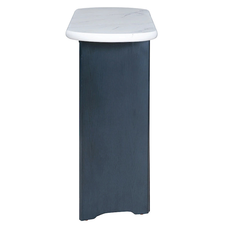 Mesa consola moderna de mármol sintético con parte superior redondeada y base de madera