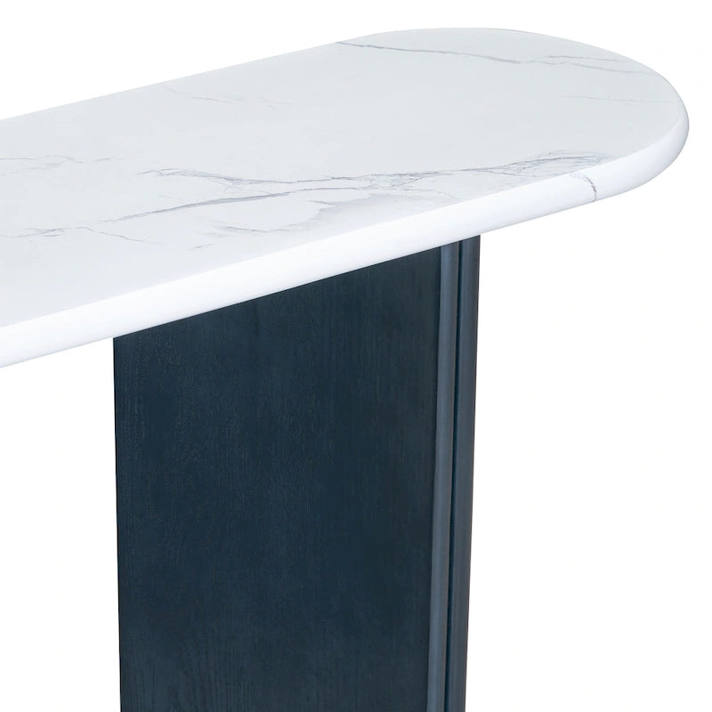 Mesa consola moderna de mármol sintético con parte superior redondeada y base de madera