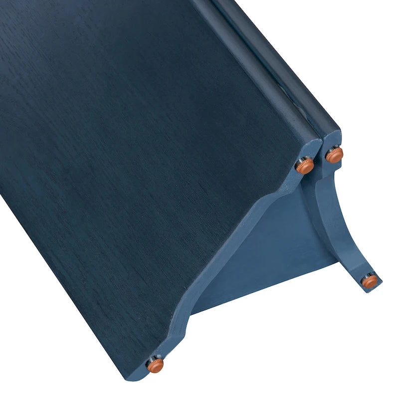 Mesa consola moderna de mármol sintético con parte superior redondeada y base de madera