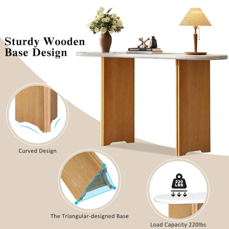 Mesa consola moderna de mármol sintético con parte superior redondeada y base de madera