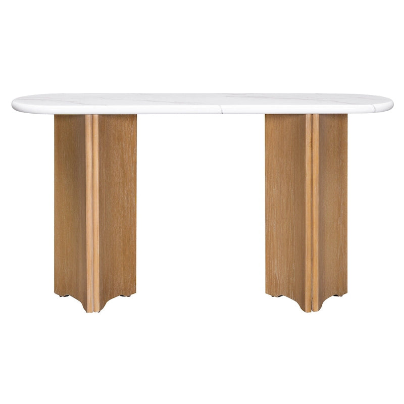 Mesa consola moderna de mármol sintético con parte superior redondeada y base de madera