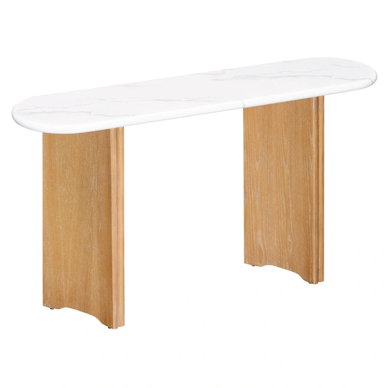 Mesa consola moderna de mármol sintético con parte superior redondeada y base de madera