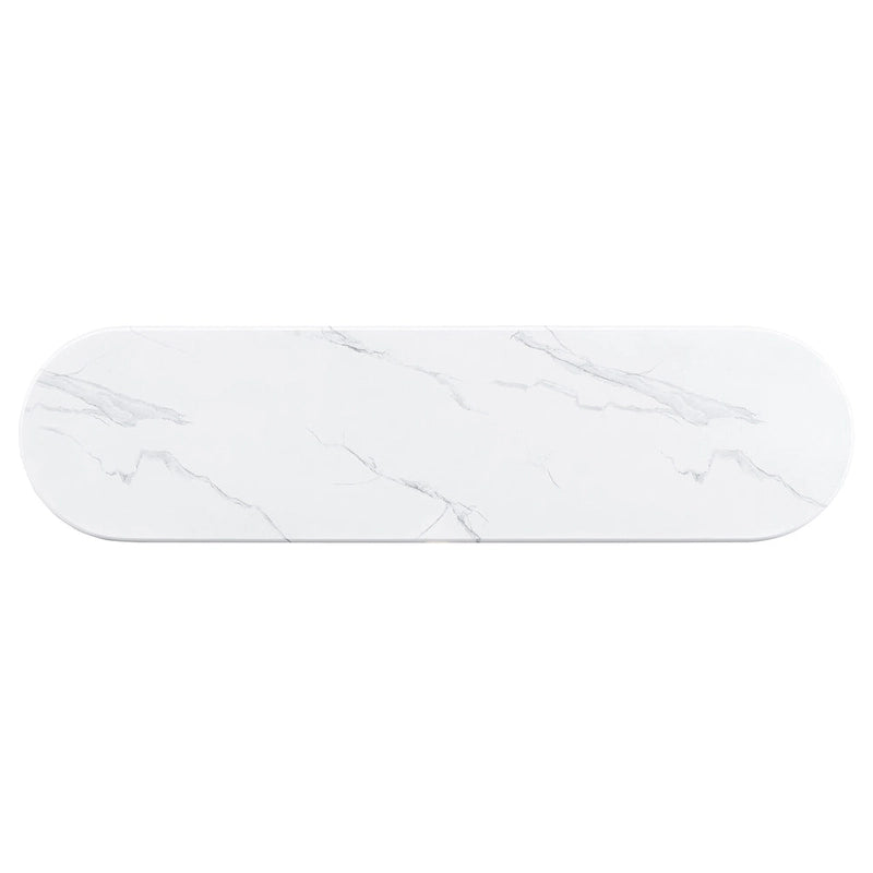 Mesa consola moderna de mármol sintético con parte superior redondeada y base de madera