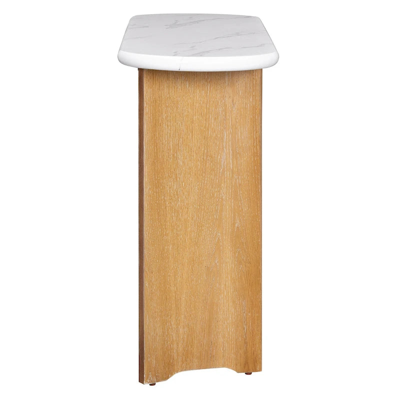 Mesa consola moderna de mármol sintético con parte superior redondeada y base de madera