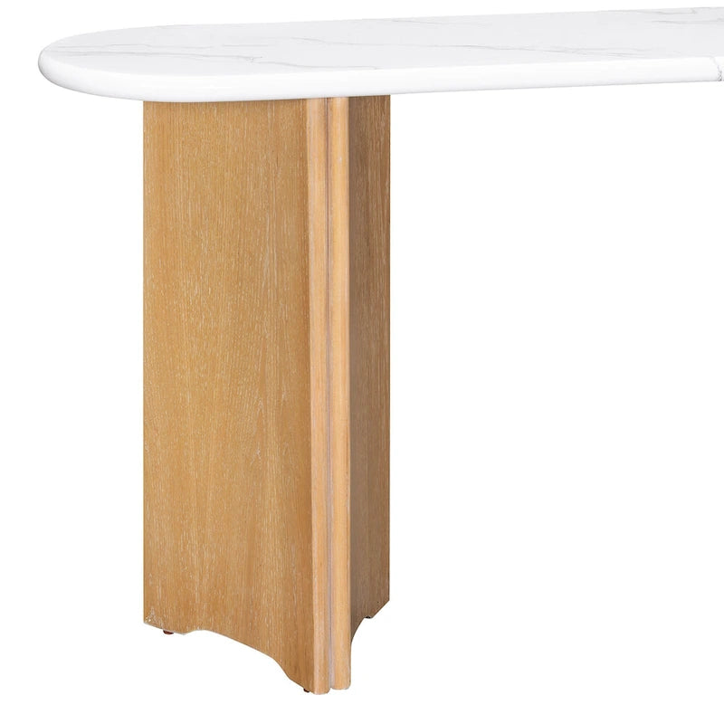Mesa consola moderna de mármol sintético con parte superior redondeada y base de madera