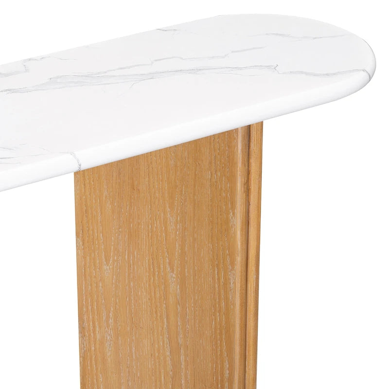 Mesa consola moderna de mármol sintético con parte superior redondeada y base de madera