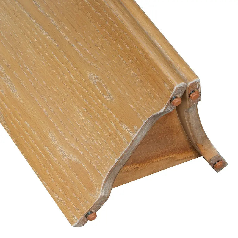 Mesa consola moderna de mármol sintético con parte superior redondeada y base de madera