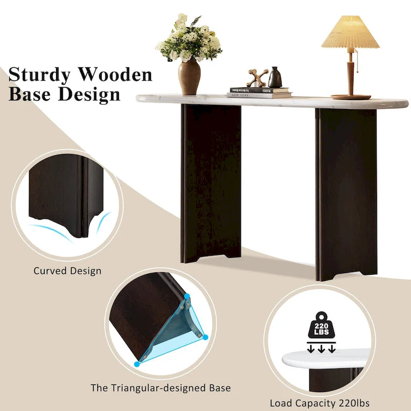 Mesa consola moderna de mármol sintético con parte superior redondeada y base de madera