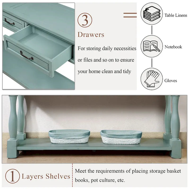 Mesa consola clásica de madera con tres cajones y patas torneadas
