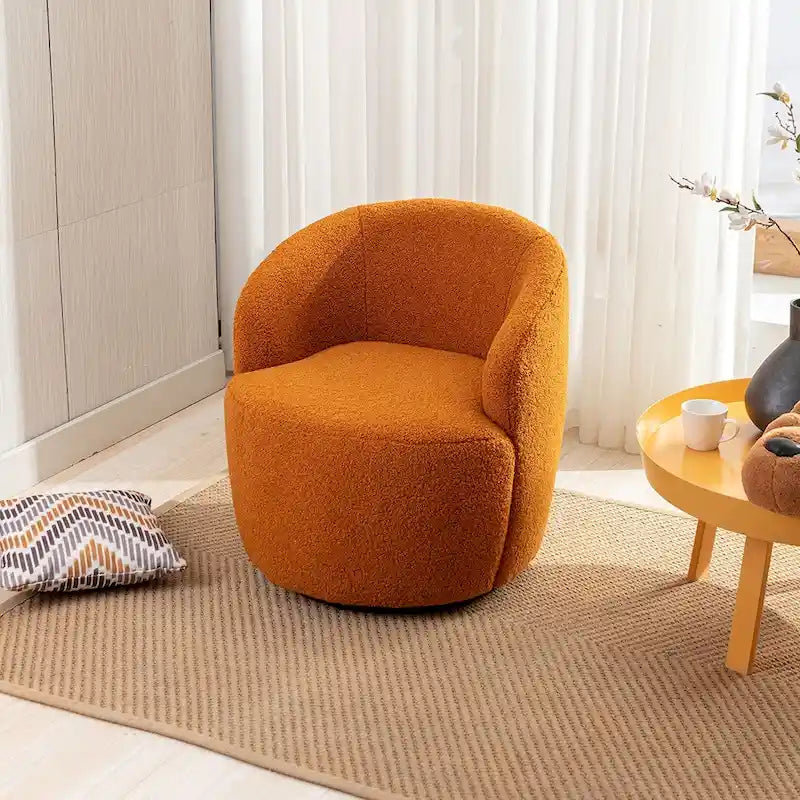 Silla decorativa giratoria de suave tela teddy con respaldo redondeado tipo barril
