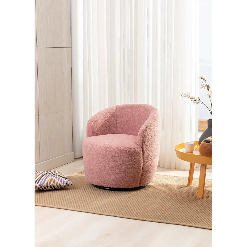Silla decorativa giratoria de suave tela teddy con respaldo redondeado tipo barril
