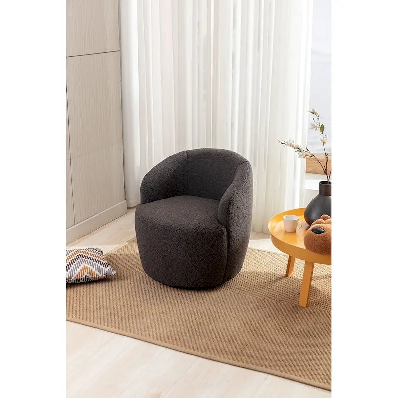 Silla decorativa giratoria de suave tela teddy con respaldo redondeado tipo barril