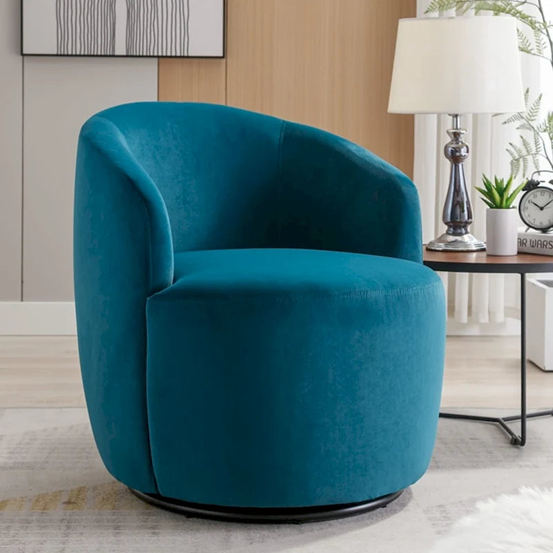 Sillón tipo barril giratorio de terciopelo con respaldo curvado y base negra