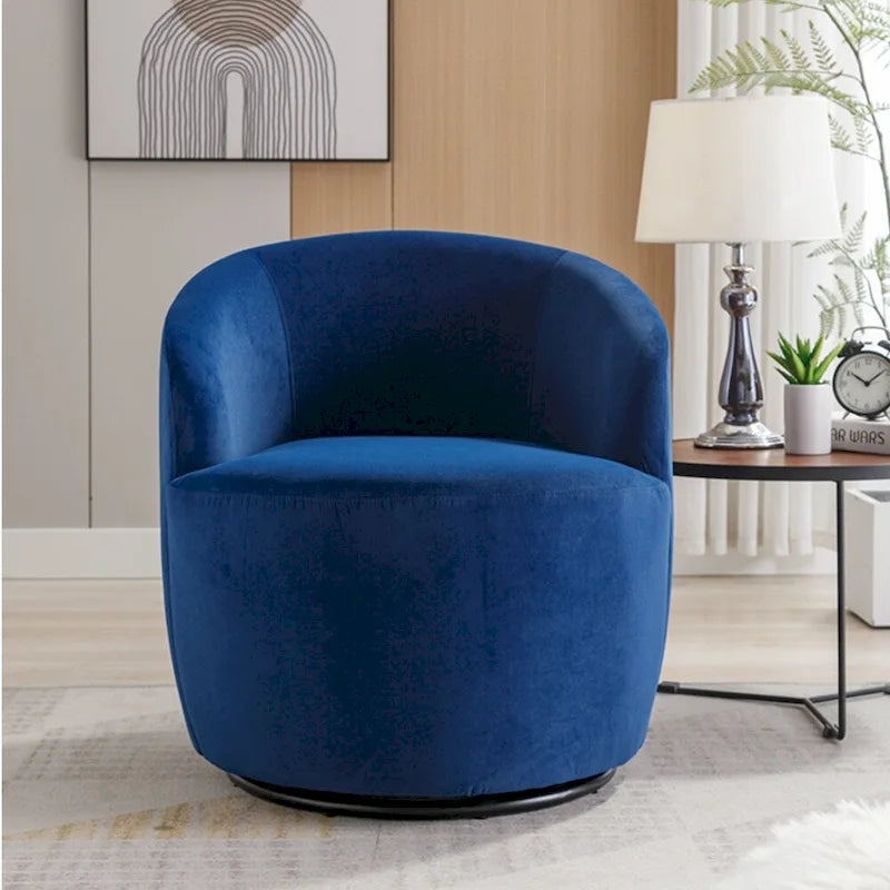 Sillón tipo barril giratorio de terciopelo con respaldo curvado y base negra
