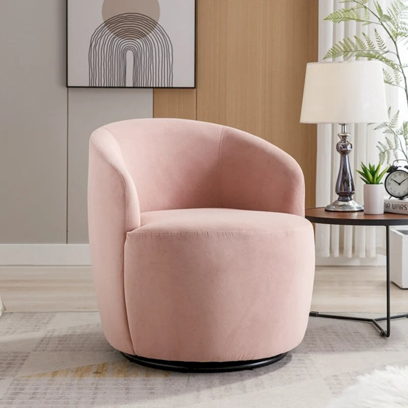 Sillón tipo barril giratorio de terciopelo con respaldo curvado y base negra
